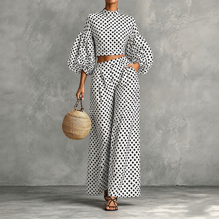 Autumn Two-Piece Set: Polka-Dot Cropped Top and Wide-Leg Trousers