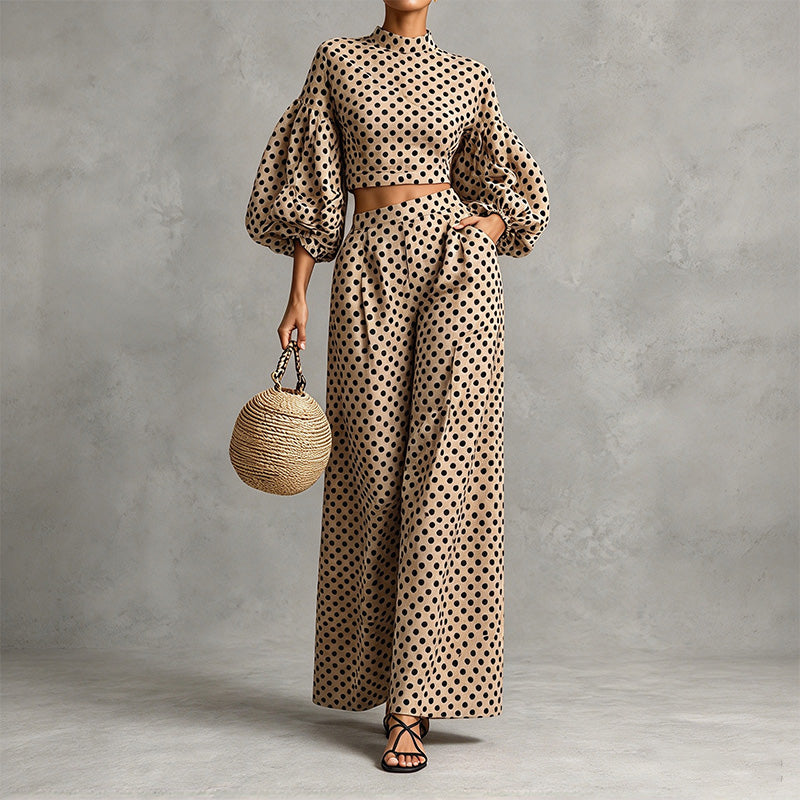 Autumn Two-Piece Set: Polka-Dot Cropped Top and Wide-Leg Trousers