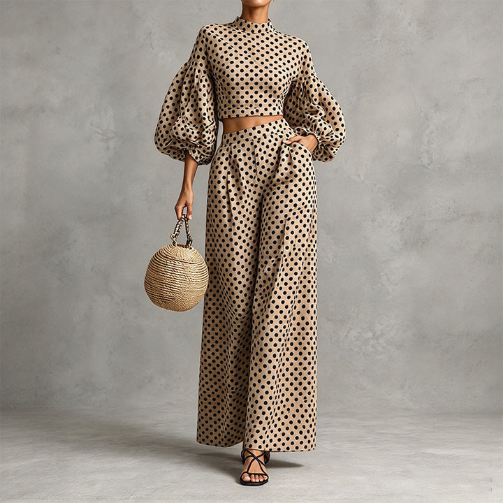 Autumn Two-Piece Set: Polka-Dot Cropped Top and Wide-Leg Trousers