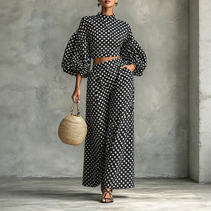 Autumn Two-Piece Set: Polka-Dot Cropped Top and Wide-Leg Trousers