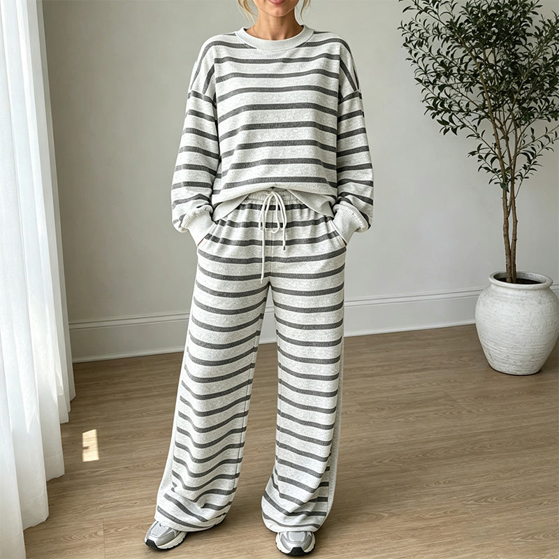 New High-Waisted Striped Long-Sleeve Set (Drapey Texture)