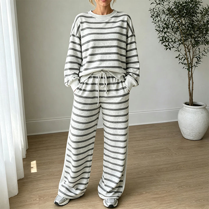New High-Waisted Striped Long-Sleeve Set (Drapey Texture)