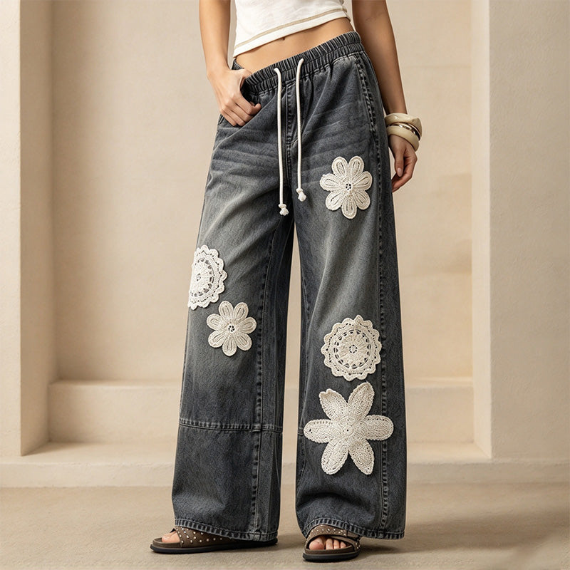 Autumn Blue and White Print Loose Wide-Leg Trousers