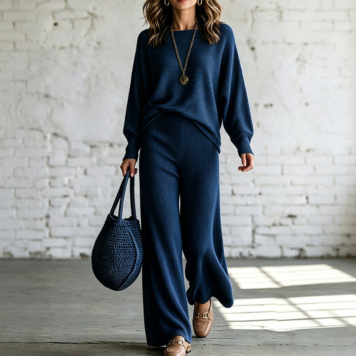 New casual solid-color loose-fit knit set with batwing sleeves
