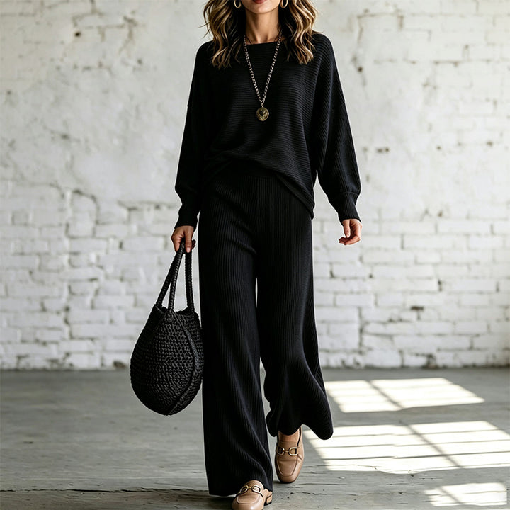 New casual solid-color loose-fit knit set with batwing sleeves