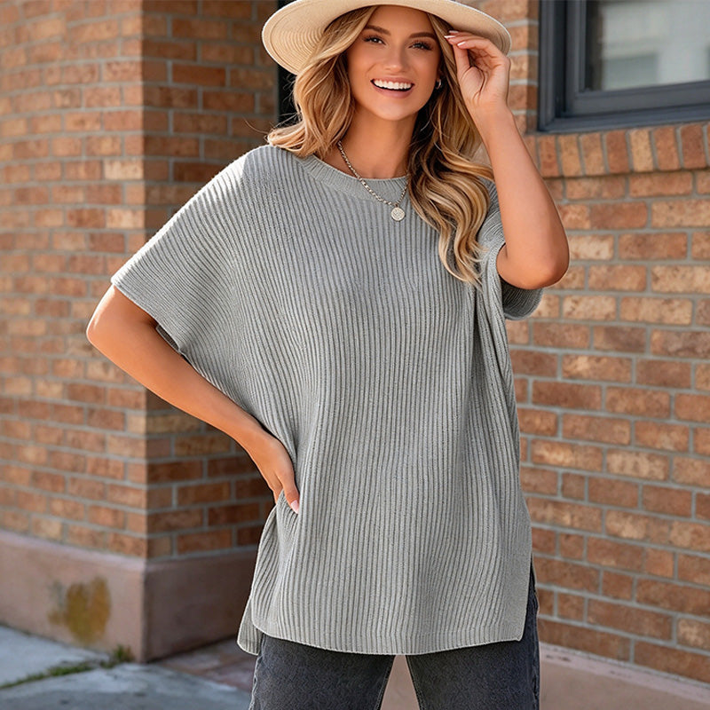 New Summer Solid-Color Loose-Fit Drop-Shoulder Short-Sleeve Top