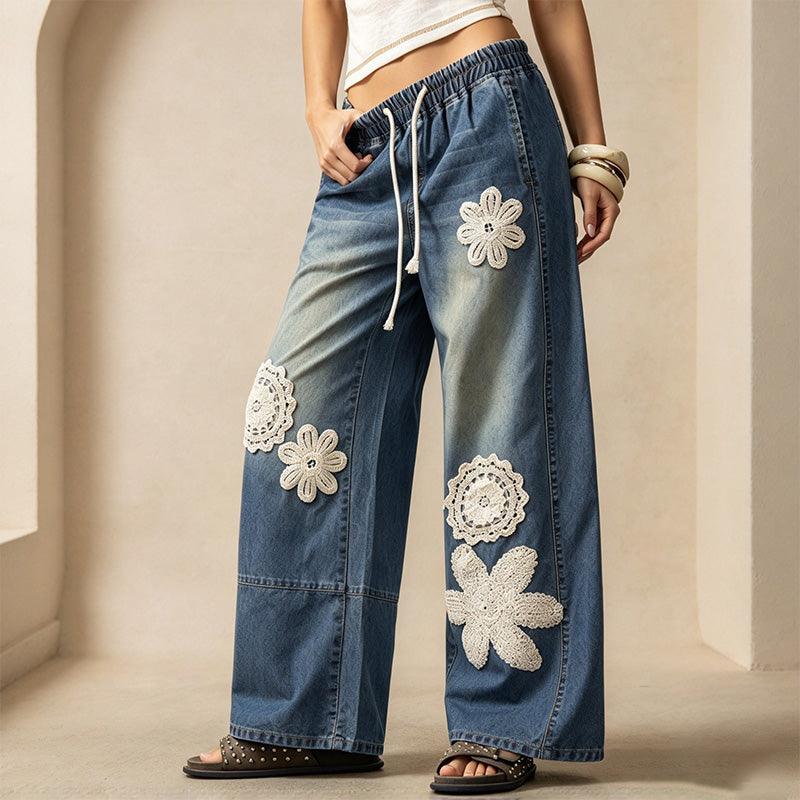 Autumn Blue and White Print Loose Wide-Leg Trousers