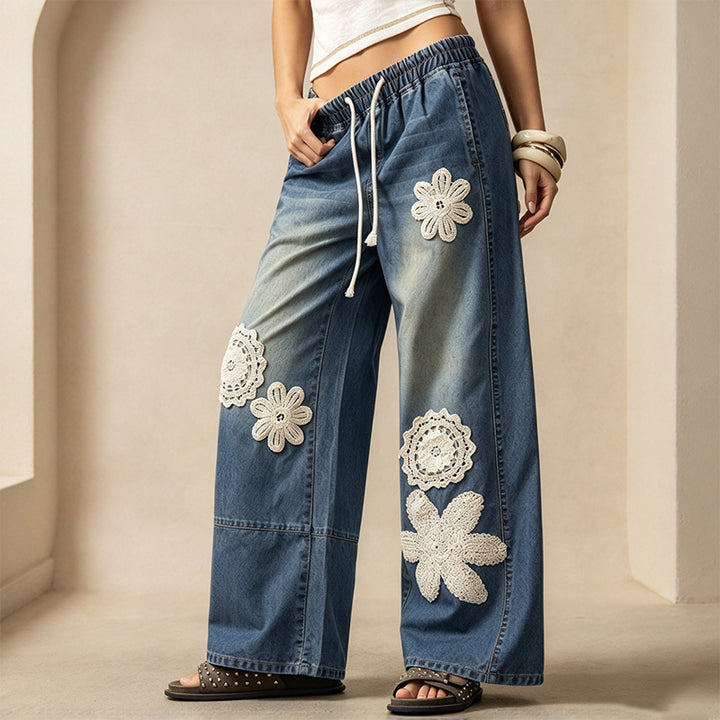 Autumn Blue and White Print Loose Wide-Leg Trousers