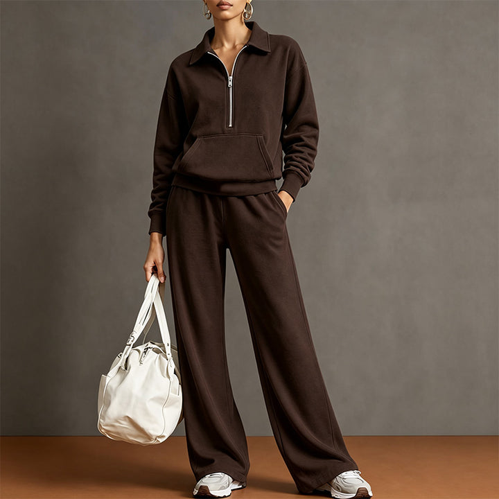 Style a half-zip sweatshirt with casual wide-leg trousers
