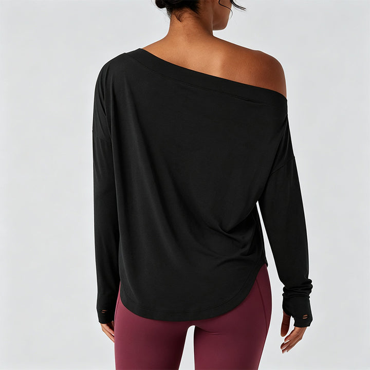 Loose-fit off-the-shoulder long-sleeve casual top (with thumbholes)