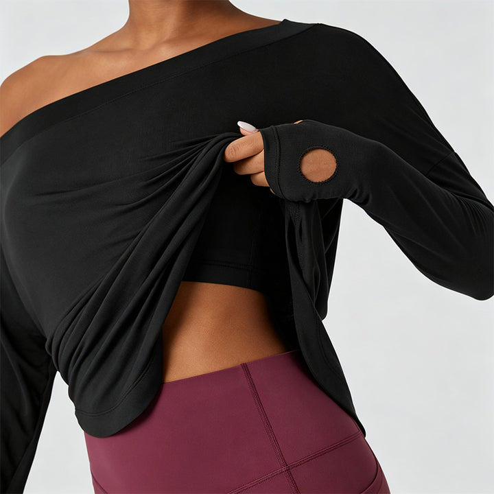 Loose-fit off-the-shoulder long-sleeve casual top (with thumbholes)