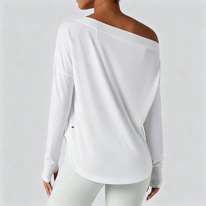 Loose-fit off-the-shoulder long-sleeve casual top (with thumbholes)