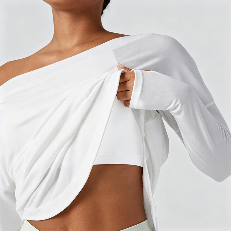 Loose-fit off-the-shoulder long-sleeve casual top (with thumbholes)