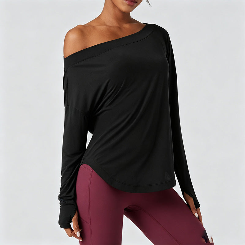 Loose-fit off-the-shoulder long-sleeve casual top (with thumbholes)
