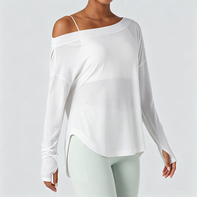 Loose-fit off-the-shoulder long-sleeve casual top (with thumbholes)