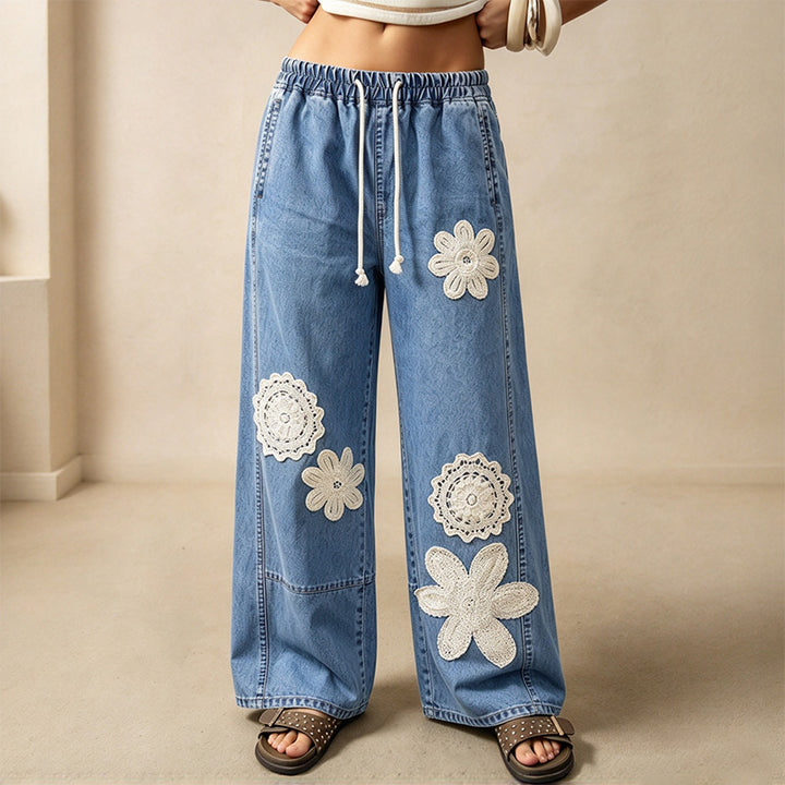 Autumn Blue and White Print Loose Wide-Leg Trousers