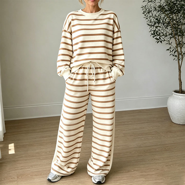 New High-Waisted Striped Long-Sleeve Set (Drapey Texture)