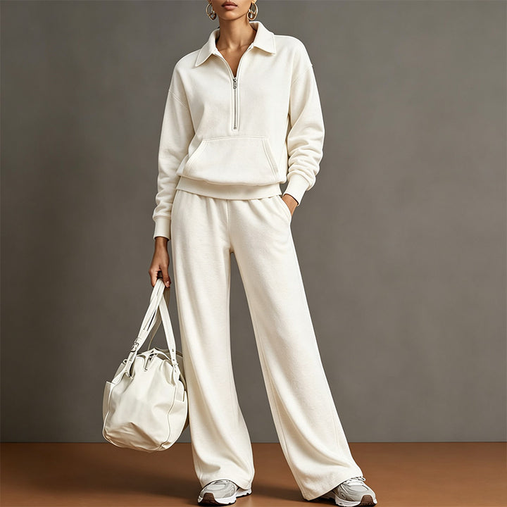 Style a half-zip sweatshirt with casual wide-leg trousers