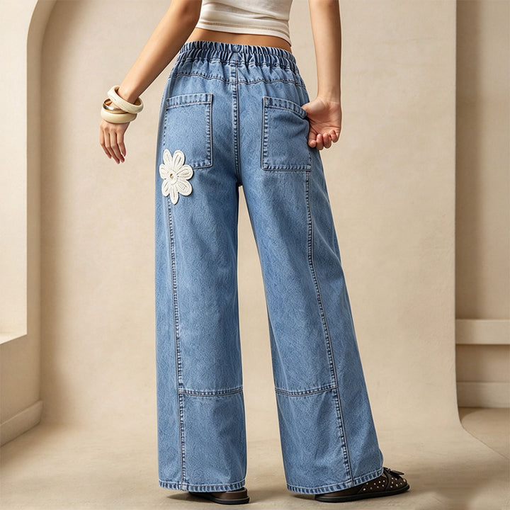 Autumn Blue and White Print Loose Wide-Leg Trousers