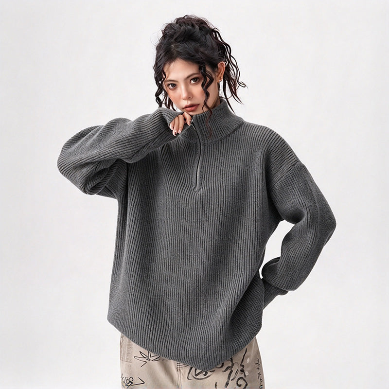 Premium Solid-Color Loose-Fit Half-Zip Sweater (Unisex)