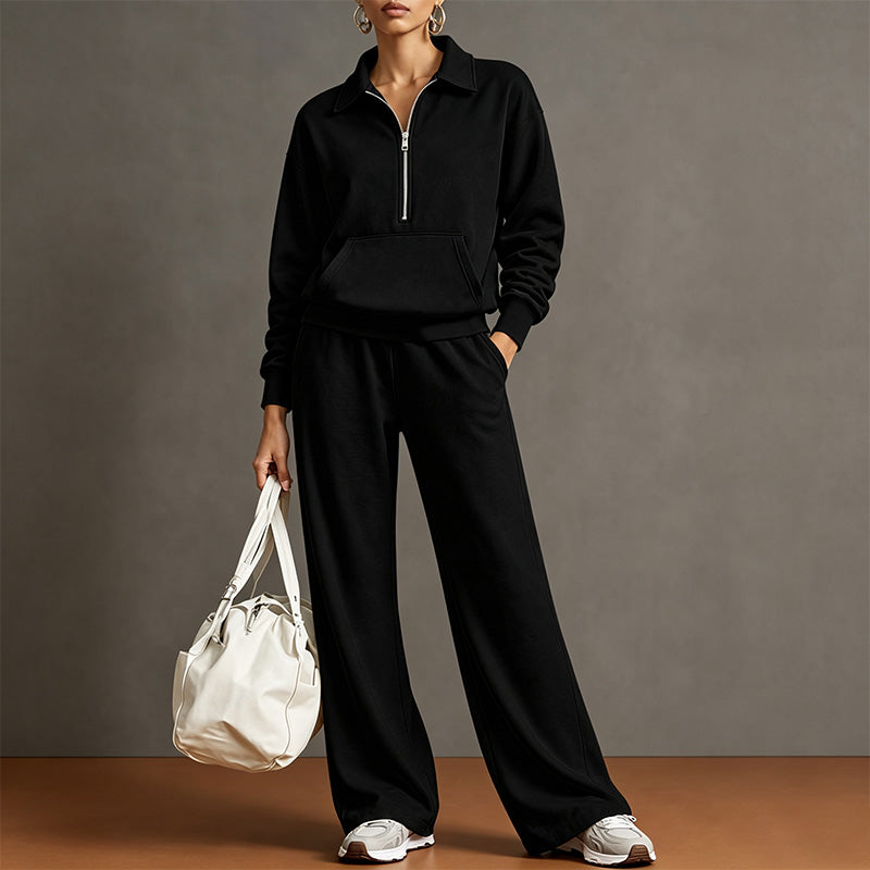 Style a half-zip sweatshirt with casual wide-leg trousers