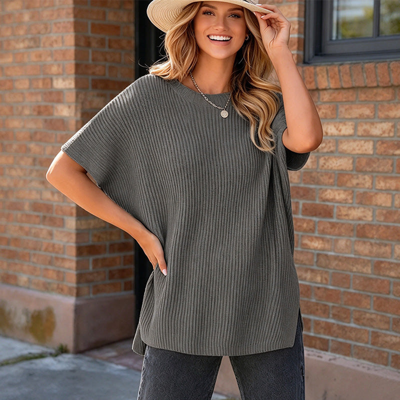 New Summer Solid-Color Loose-Fit Drop-Shoulder Short-Sleeve Top