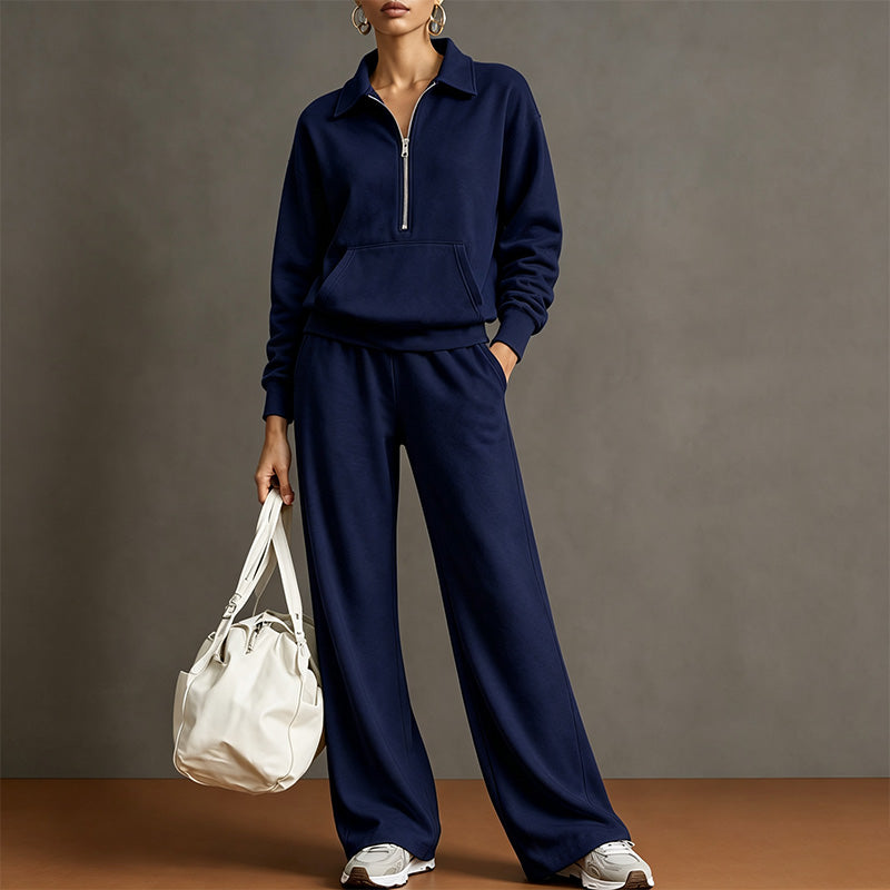 Style a half-zip sweatshirt with casual wide-leg trousers