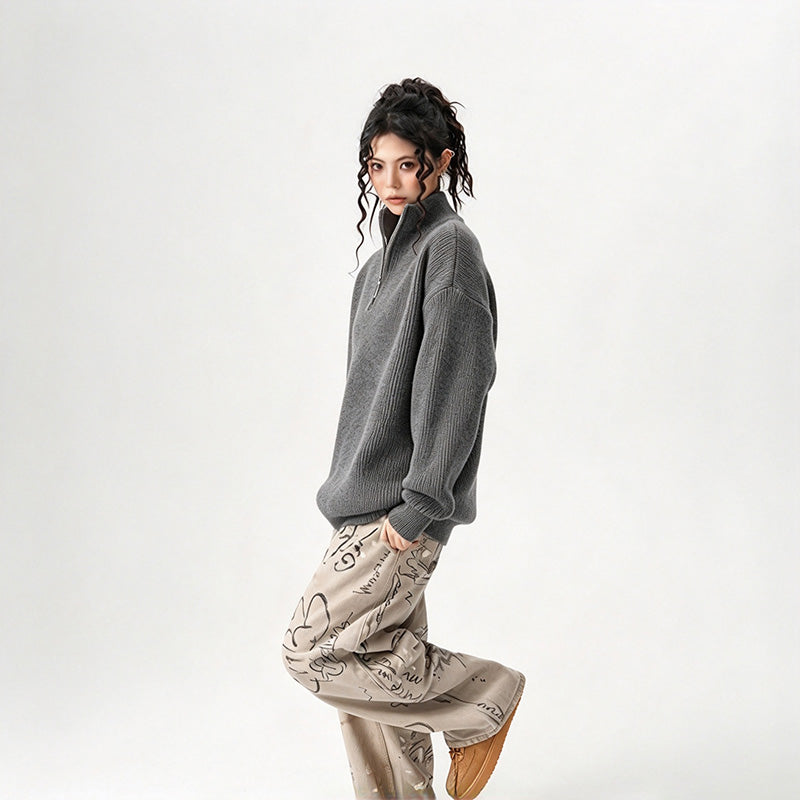 Premium Solid-Color Loose-Fit Half-Zip Sweater (Unisex)