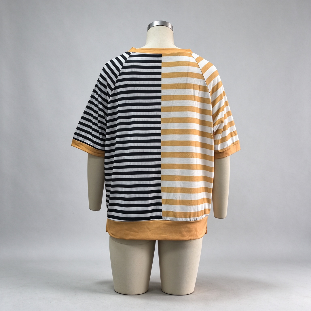 New loose-fit, short-sleeved, color-block striped crew-neck top