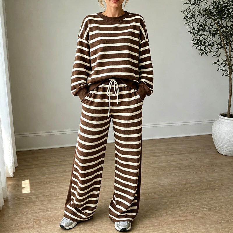 New High-Waisted Striped Long-Sleeve Set (Drapey Texture)