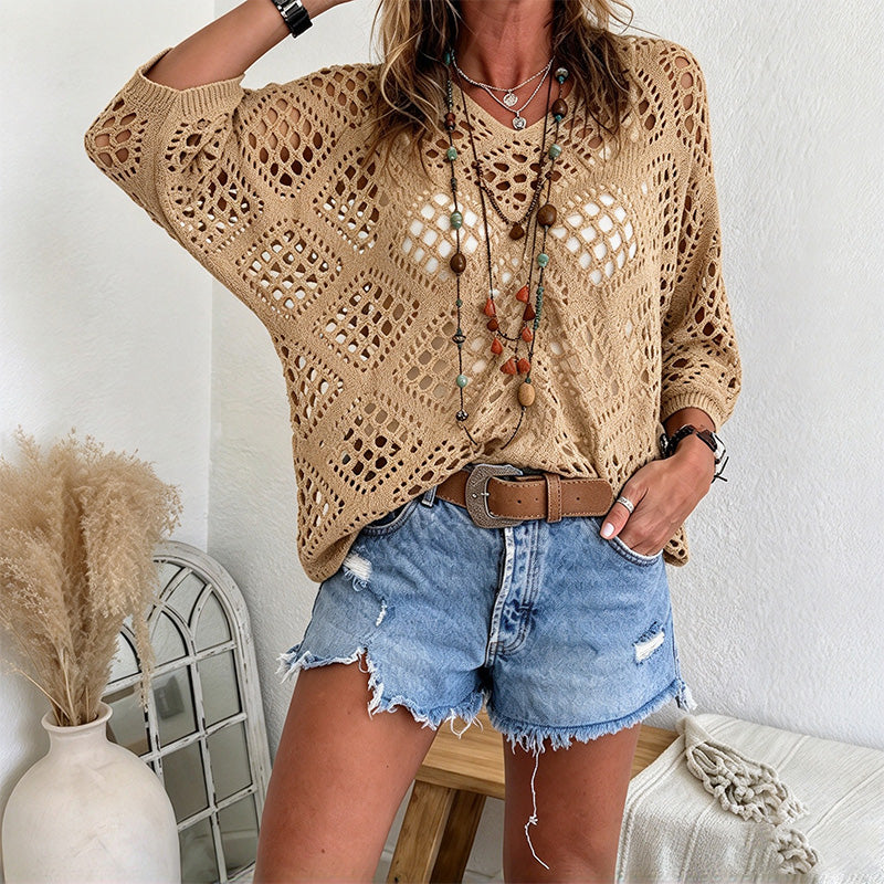 Spring/Summer V-neck batwing-sleeve knit pullover