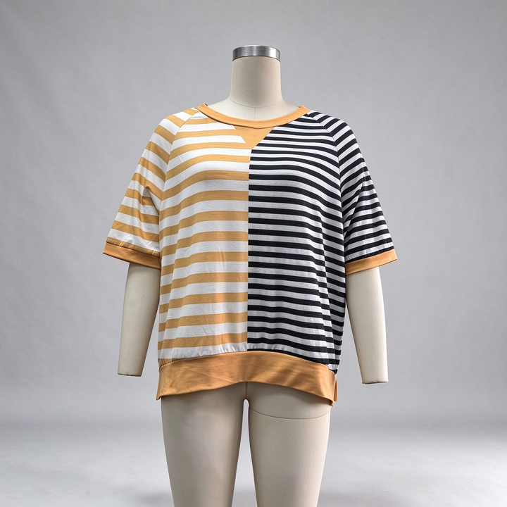 New loose-fit, short-sleeved, color-block striped crew-neck top