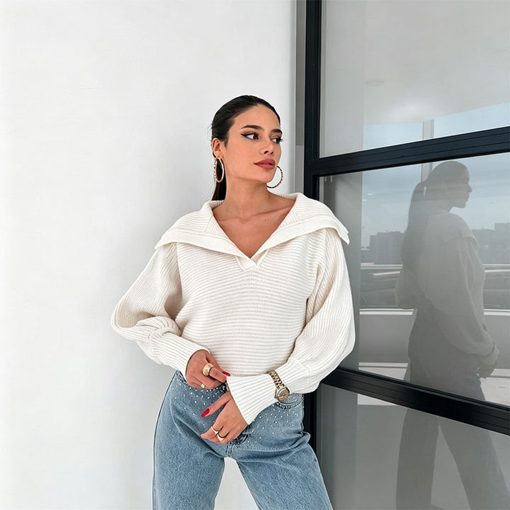 Open-collar loose-fit cropped pullover sweater