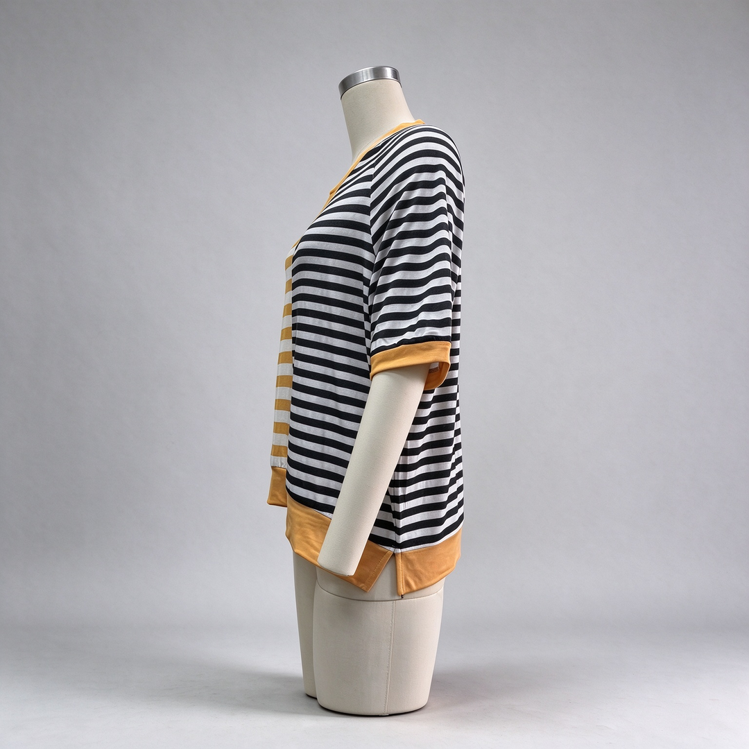 New loose-fit, short-sleeved, color-block striped crew-neck top