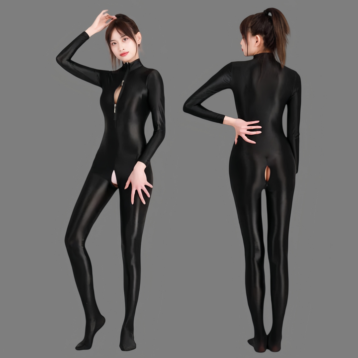 Double zipper crotch jumpsuit high elastic shiny sexy