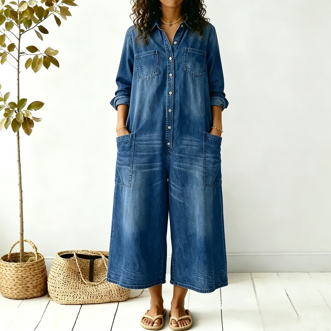Single-Breasted Denim-Look Shirt Jumpsuit
