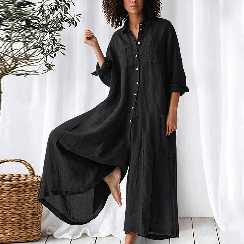 Solid-color mid-length cotton-linen shirt-style jumpsuit