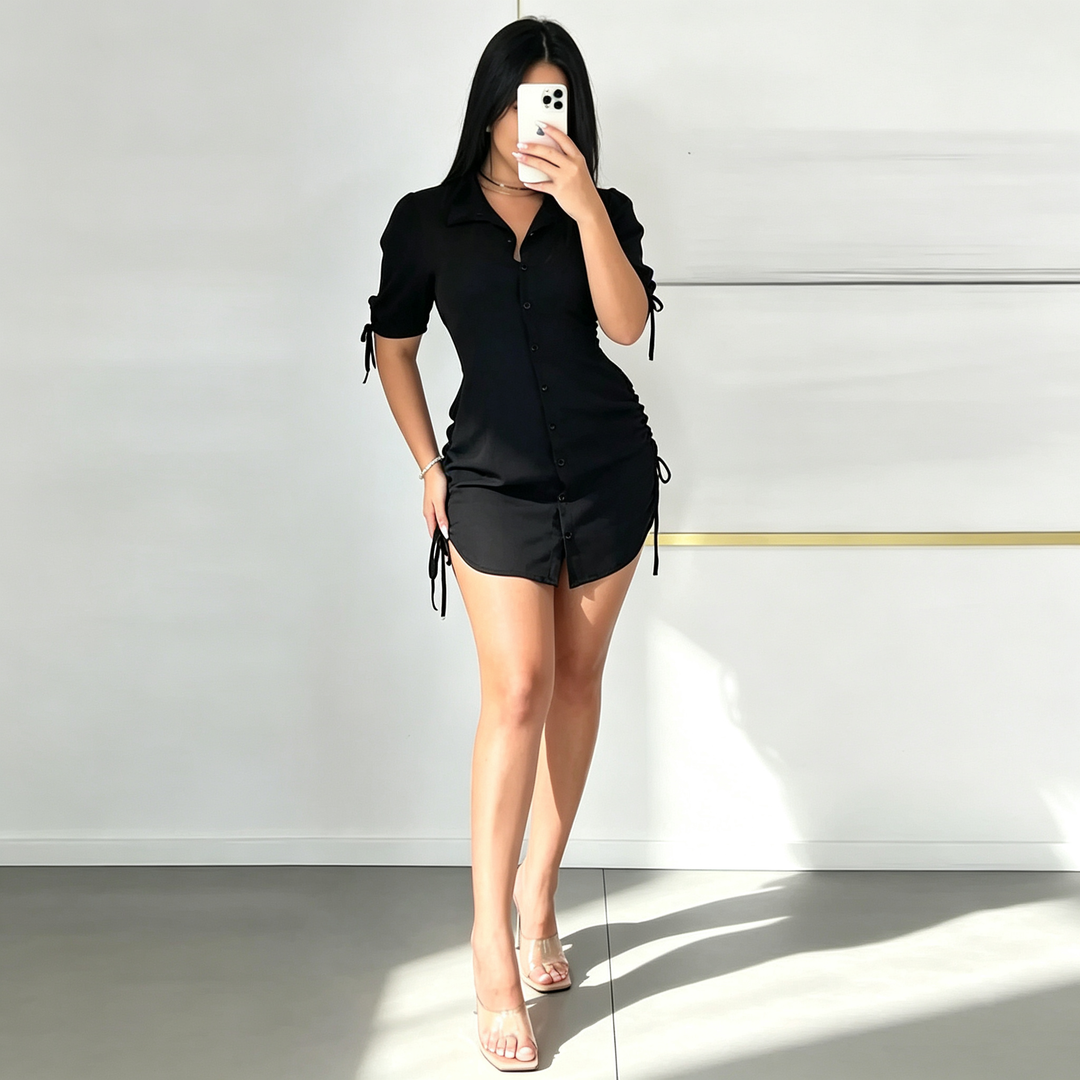 New stylish solid-color short-sleeve drawstring shirt dress