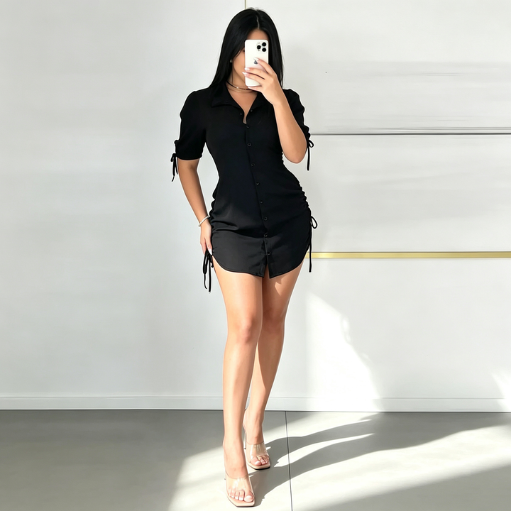 New stylish solid-color short-sleeve drawstring shirt dress