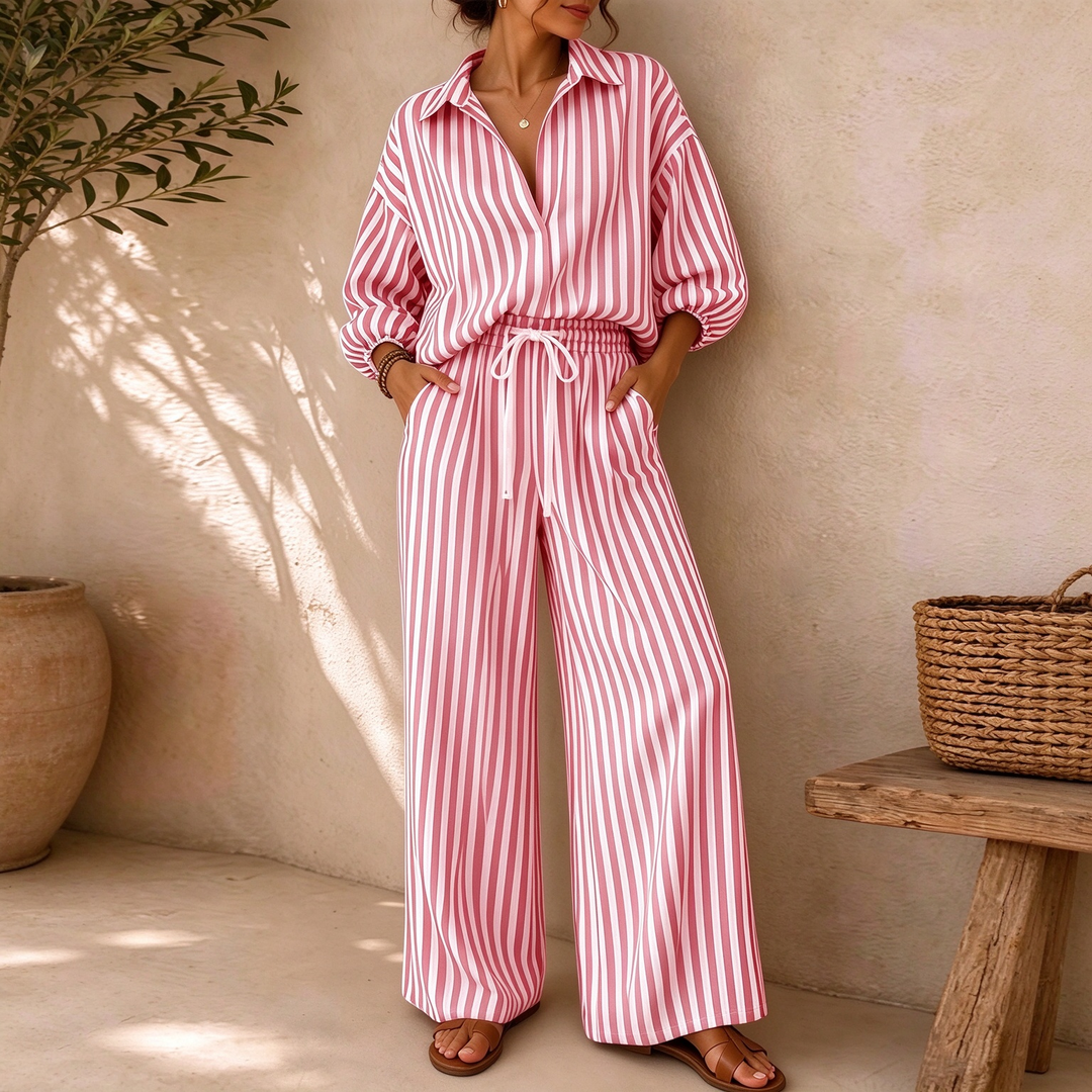 New Summer Striped Three-Quarter Sleeve Top and Straight-Leg Pants Set