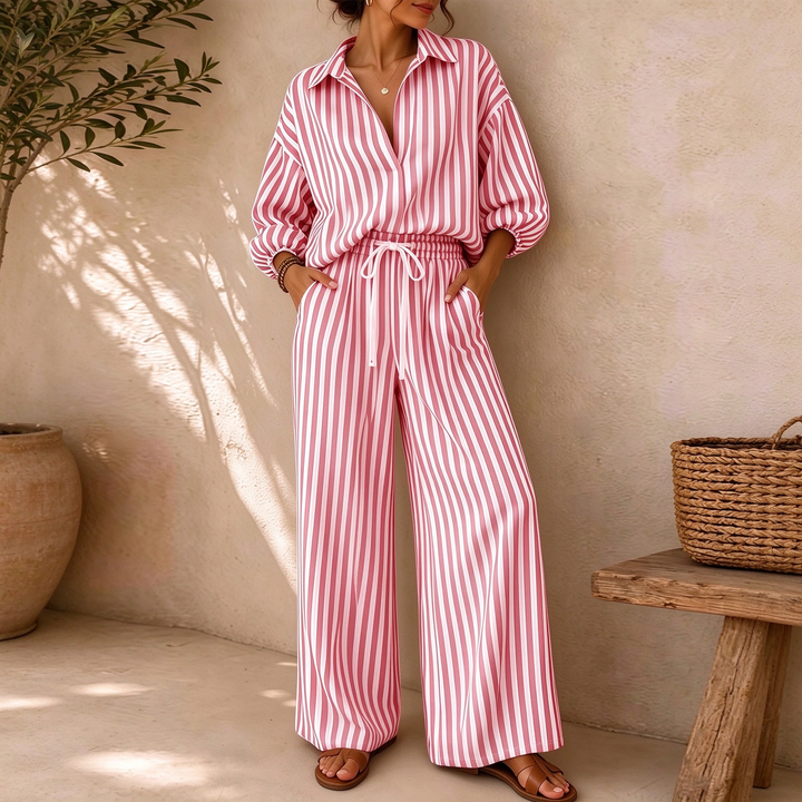 New Summer Striped Three-Quarter Sleeve Top and Straight-Leg Pants Set