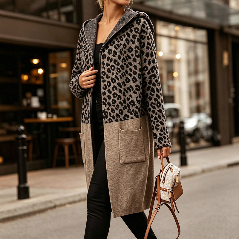 Stylish Leopard-Print Hooded Knit Cardigan (Mid-Length)