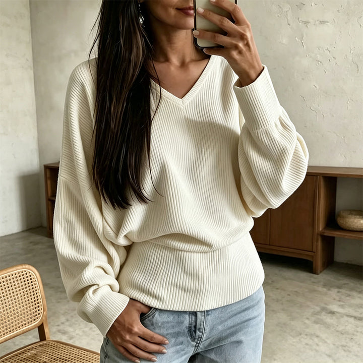 New Casual Loose Ribbed V-Neck Long-Sleeve T-Shirt