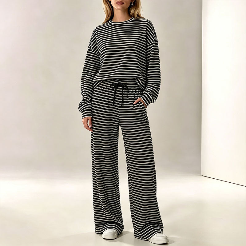Autumn/Winter Striped Casual Long-Sleeve Top and High-Waisted Pants Set