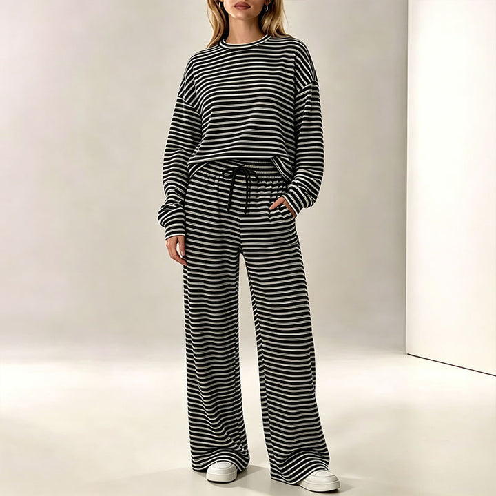 Autumn/Winter Striped Casual Long-Sleeve Top and High-Waisted Pants Set