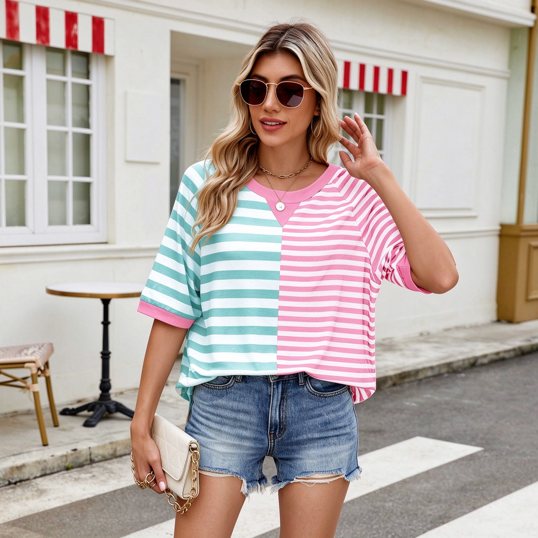 New loose-fit, short-sleeved, color-block striped crew-neck top
