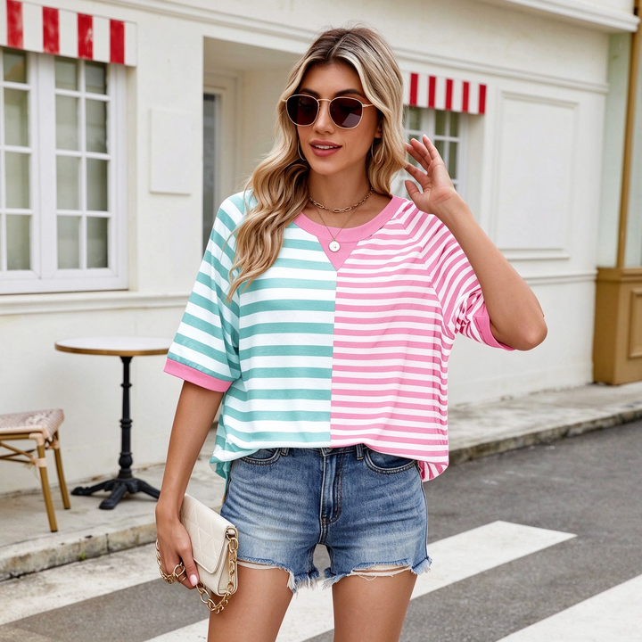 New loose-fit, short-sleeved, color-block striped crew-neck top