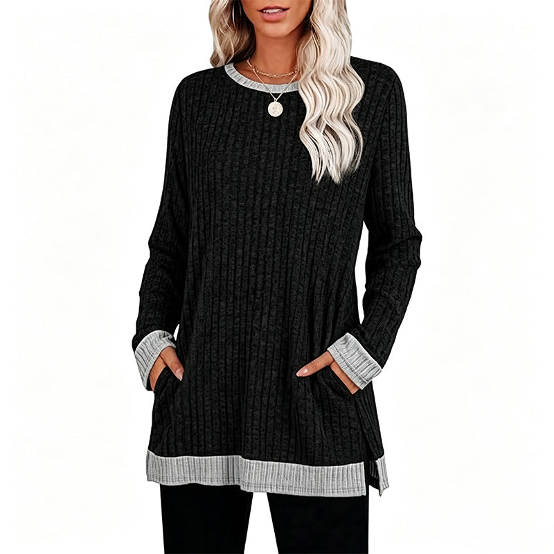 New Color-Block Long-Sleeve T-Shirt (with Pocket and Side Slits)