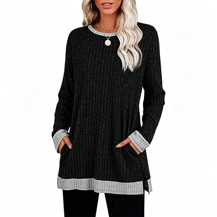 New Color-Block Long-Sleeve T-Shirt (with Pocket and Side Slits)