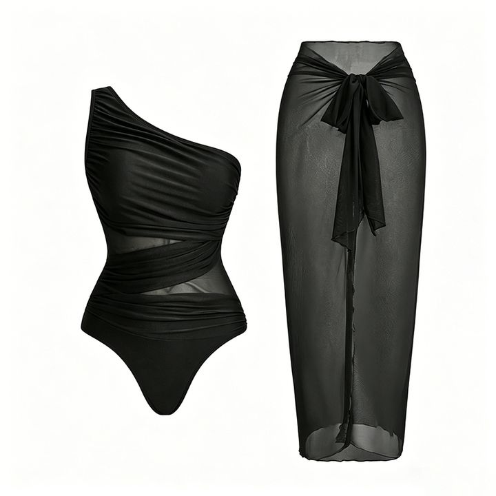 Mesh-Paneled One-Piece Swimsuit (with Wrap Skirt)